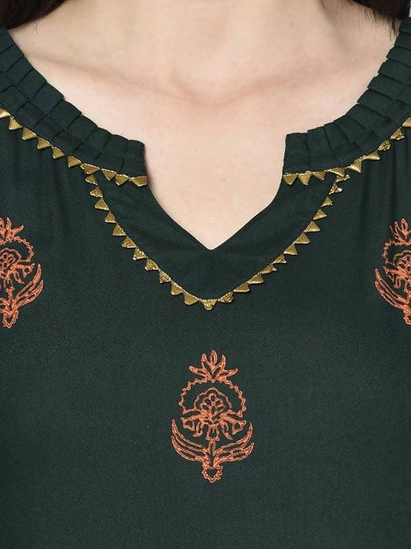 Aniyah Rayon Bottle Green Block Print Straight Kurta (AN-218K) - Swadesiicart