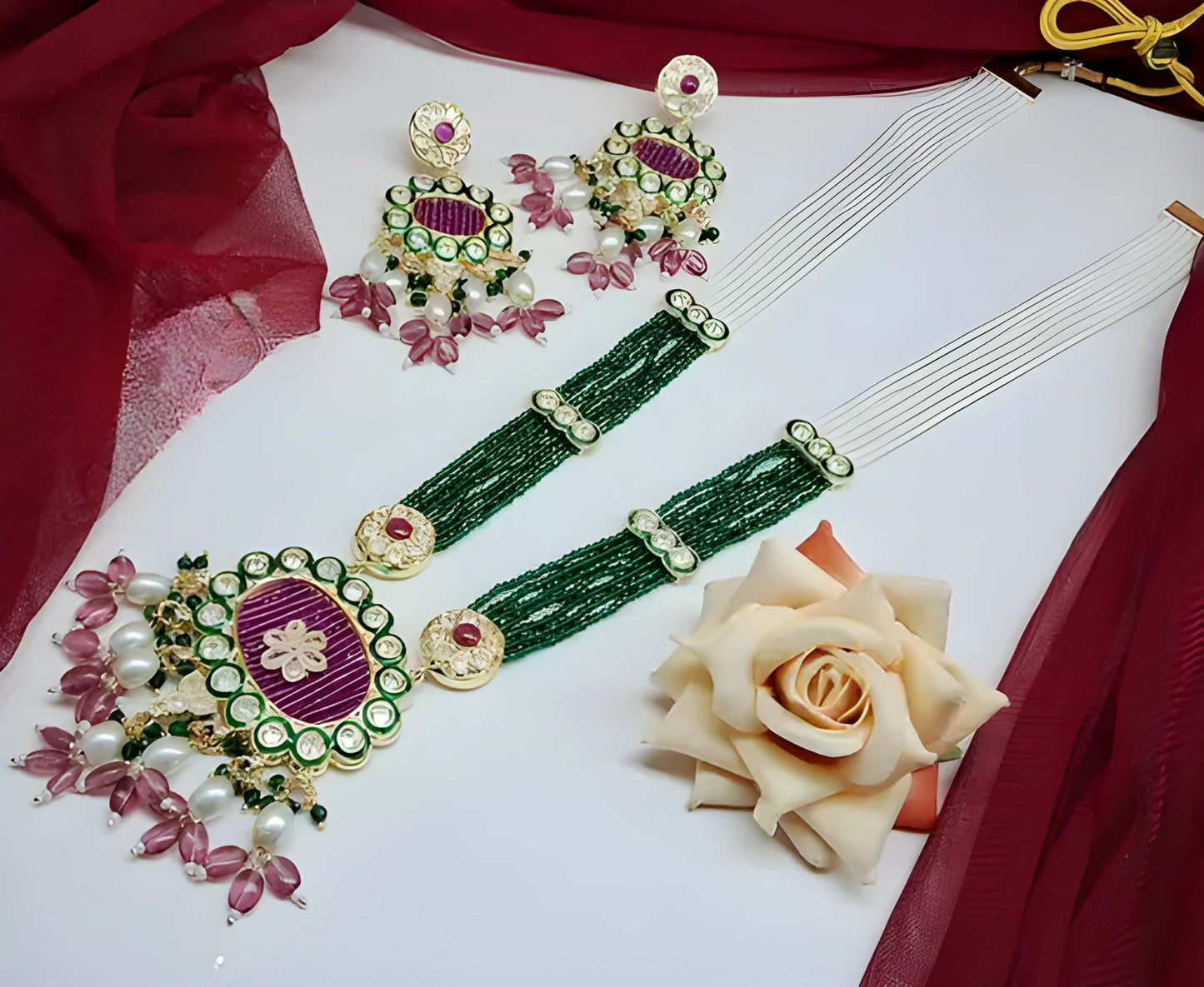 Jewel City Emerald Green Kundan Crystal Maharani Har Long Set - Luxurious Traditional Indian Jewelry | Swadesiicart
