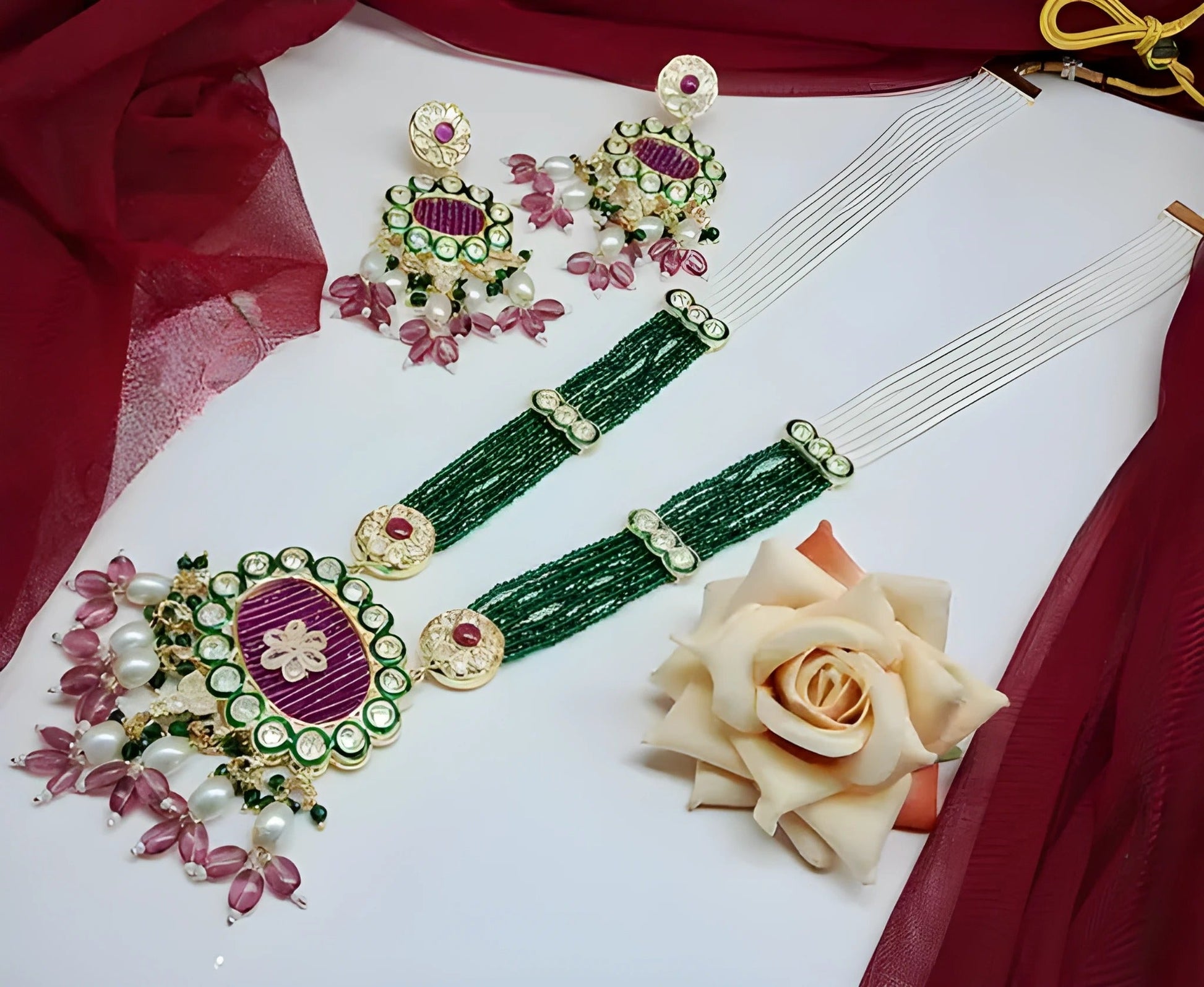Jewel City Emerald Green Kundan Crystal Maharani Har Long Set - Luxurious Traditional Indian Jewelry | Swadesiicart