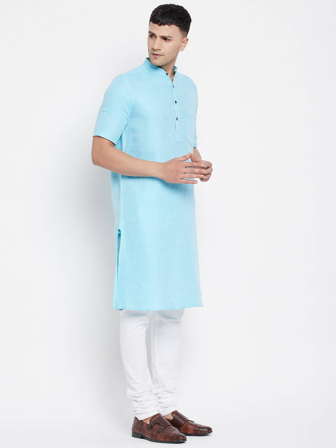 Even Apparels Blue Color Pure Cotton Men's H/S Kurta With Band Collar | Swadesiicart