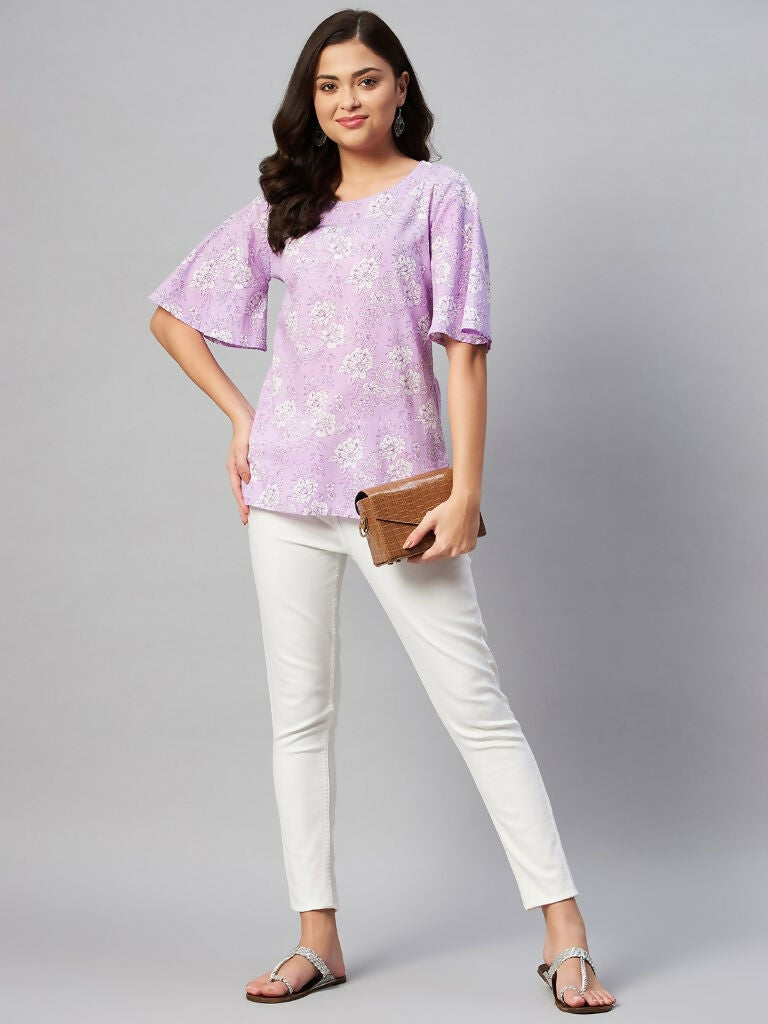 Miravan Women's Lavender-Coloured Bell Sleeve Floral Print Kurti - Swadesiicart