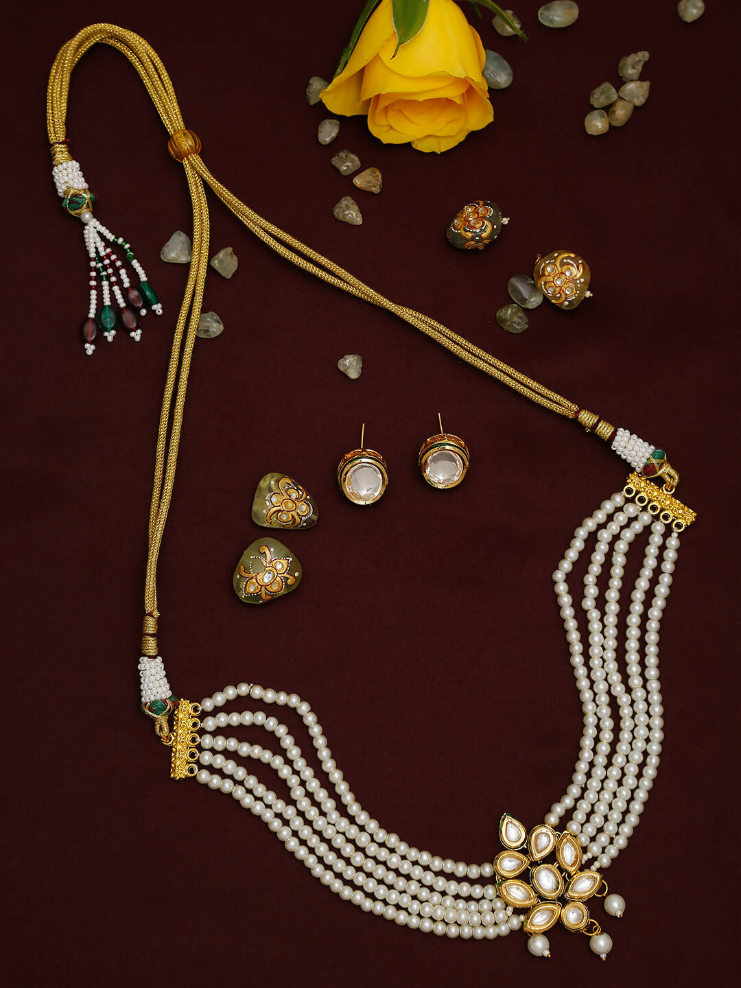 Gold-Polished White Pearl Kundan Choker With Studs - Ruby Raang | Swadesiicart