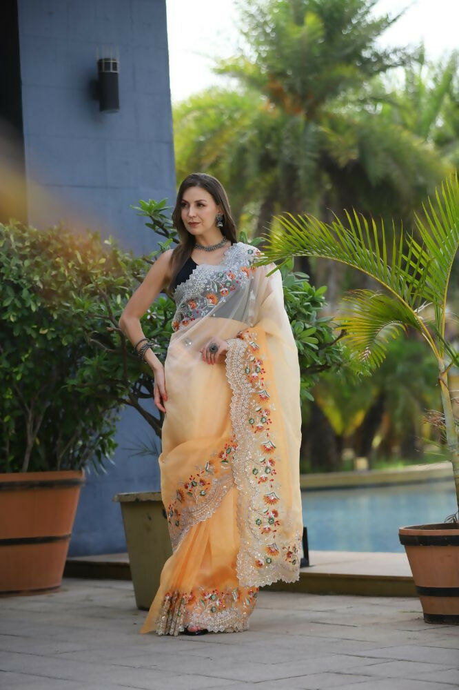 Vamsee Sanyogita Sanyogita - Yellow Organza Saree - Swadesiicart