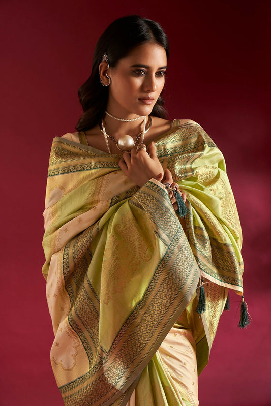 Joban Fashion Cream & Parrot Green Plain With Weaving Border Banarasi Silk Sarees | Swadesiicart