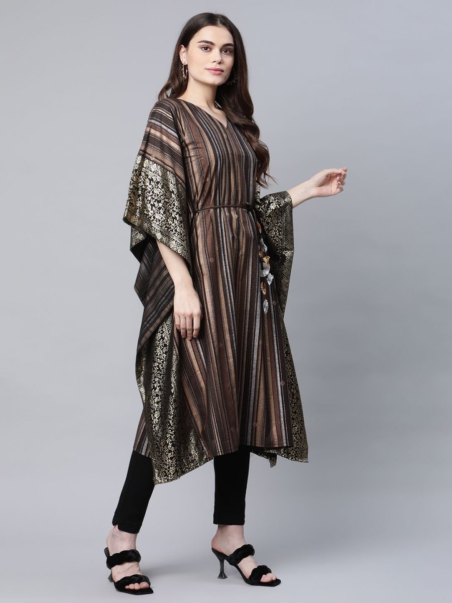 Ahalyaa Women Brown Georgette Gold Silver Printed Kaftan Kurta | Swadesiicart