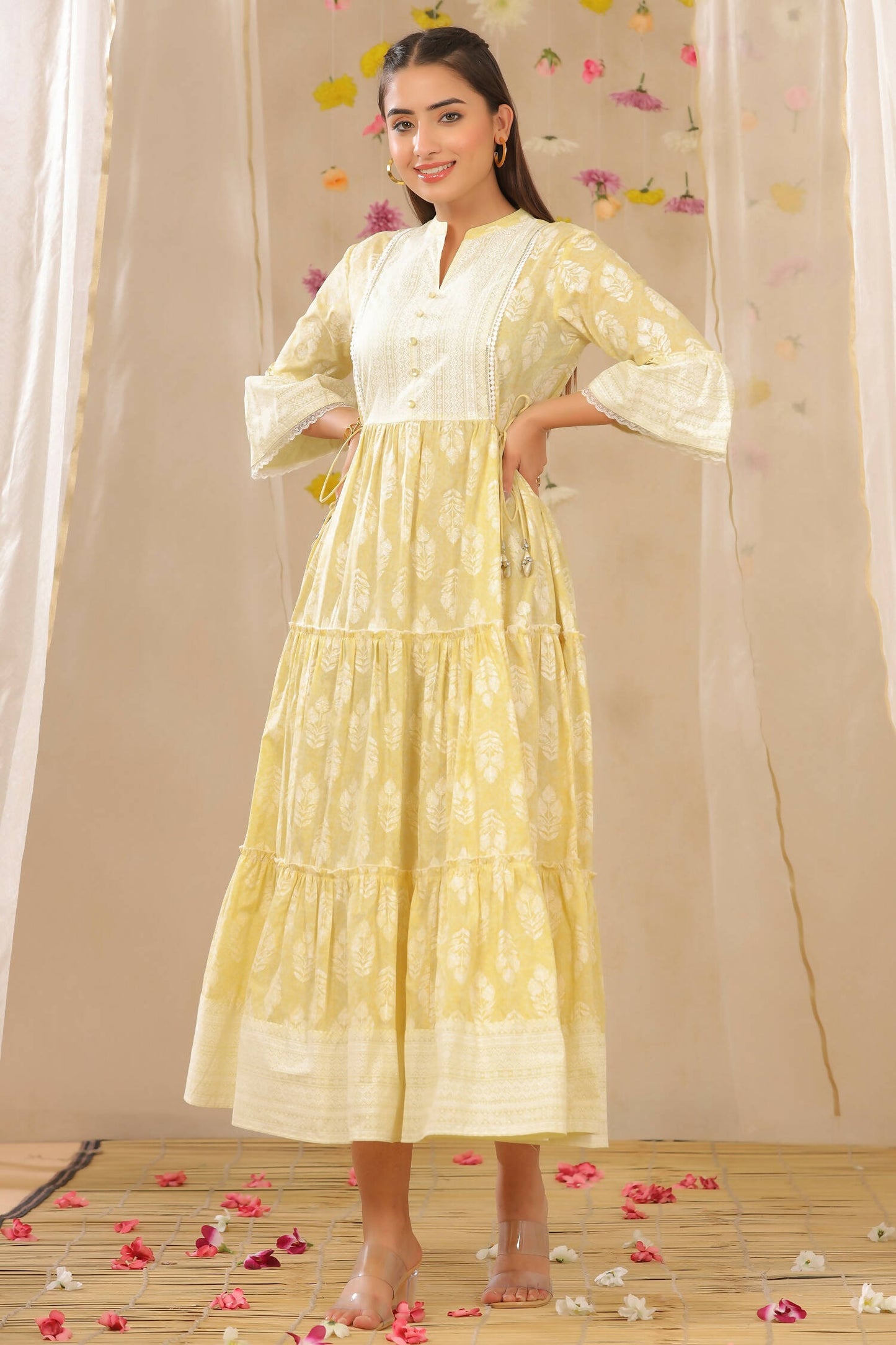 Juniper Womens Limeyellow Cambric Printed Tiered Dress With Flared Sleeve | Swadesiicart