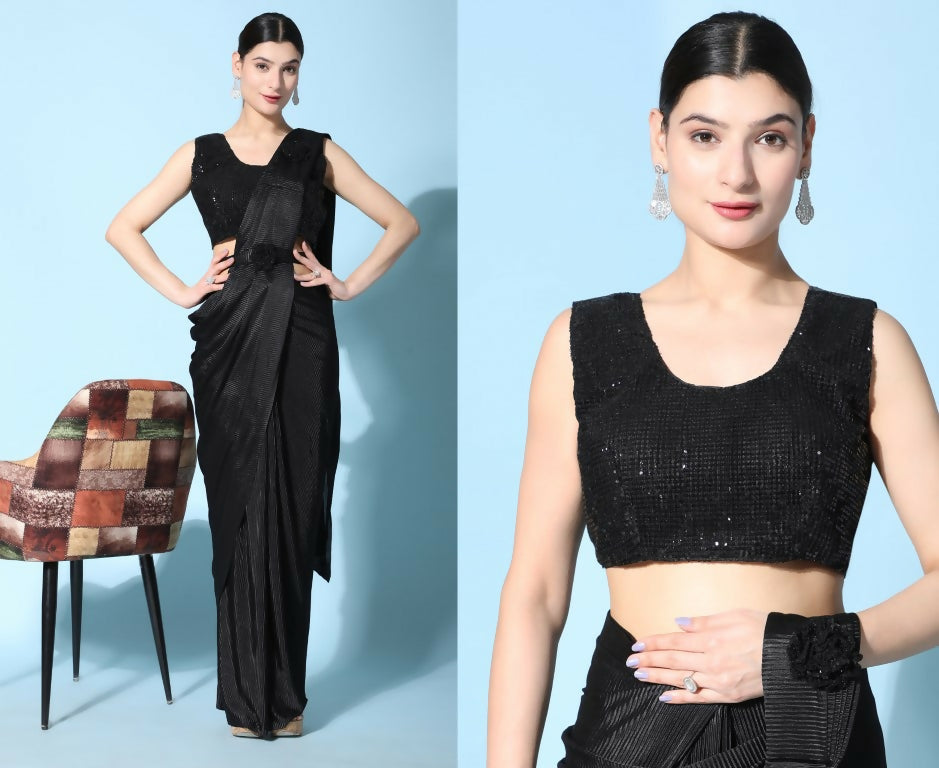 Black Imported Crush Lycra Texture Pattern Ready to Wear Saree with stitched Blouse - Nirvana | Swadesiicart