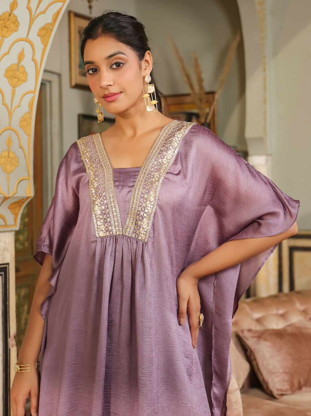 Janasya Lavender Silk Blend Yoke Embroidery Co-Ords - Swadesiicart