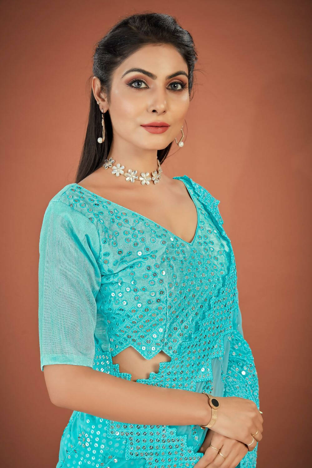 Vamsee Sky Blue Georgette Designer Saree - Swadesiicart