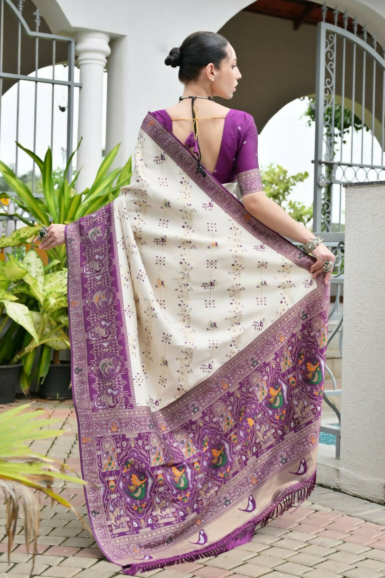 Vishnu Weaves Women's Wine Banarasi Silk Patola Zari Woven Saree with Blouse - Swadesiicart