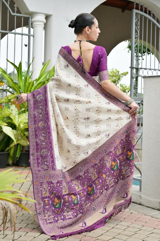 Vishnu Weaves Women's Wine Banarasi Silk Patola Zari Woven Saree with Blouse - Swadesiicart