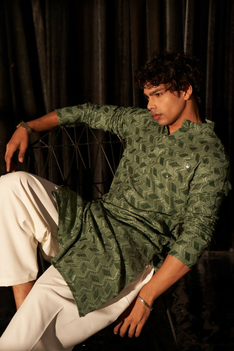 Green viscose Chikankari Embroidery Work Men's Traditional Kurta Set - Mahotsav | Swadesiicart