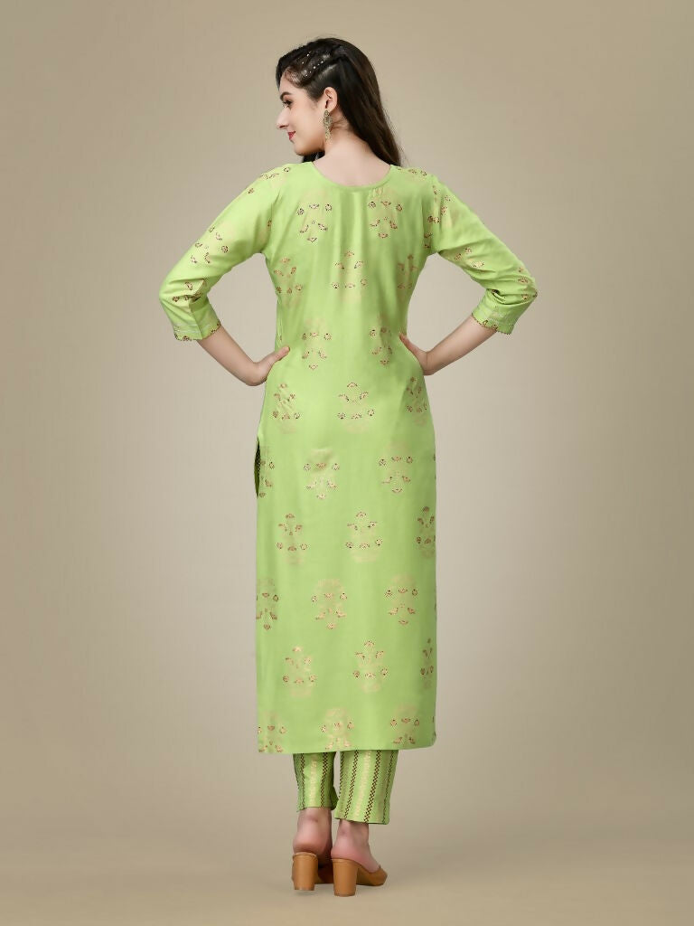 Jyoti Fashion Women's Light Green Rayon Embroidered Kurta Pant Set | Swadesiicart