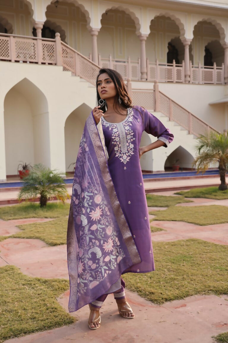 Jyoti Fashion Women's Purple Simmer Silk Floral Print with Embroidered Kurta Set | Swadesiicart