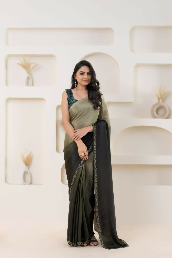 Grey Satin Pedding Designer, Printed Party Wear Ready To Wear Saree - Femina | Swadesiicart