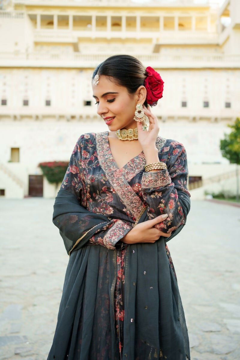 Vaasva Black Chinon Floral Embroidered Angrakha, Pant & Dupatta set | Swadesiicart