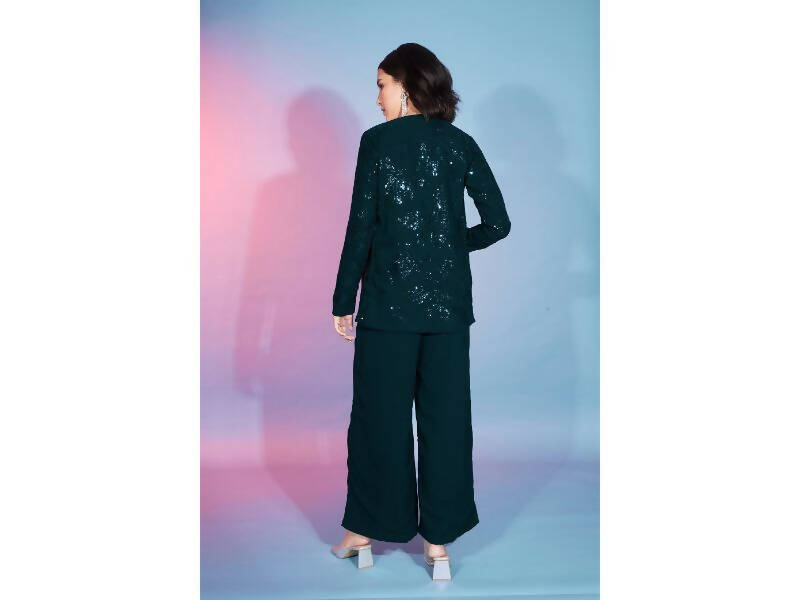 Green Georgette Sequence With Thread Designer Co-Ord Set - Flory - Swadesiicart