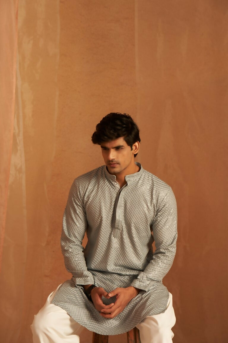 Grey viscose Chikankari Embroidery Work Men's Traditional Kurta Set - Mahotsav | Swadesiicart