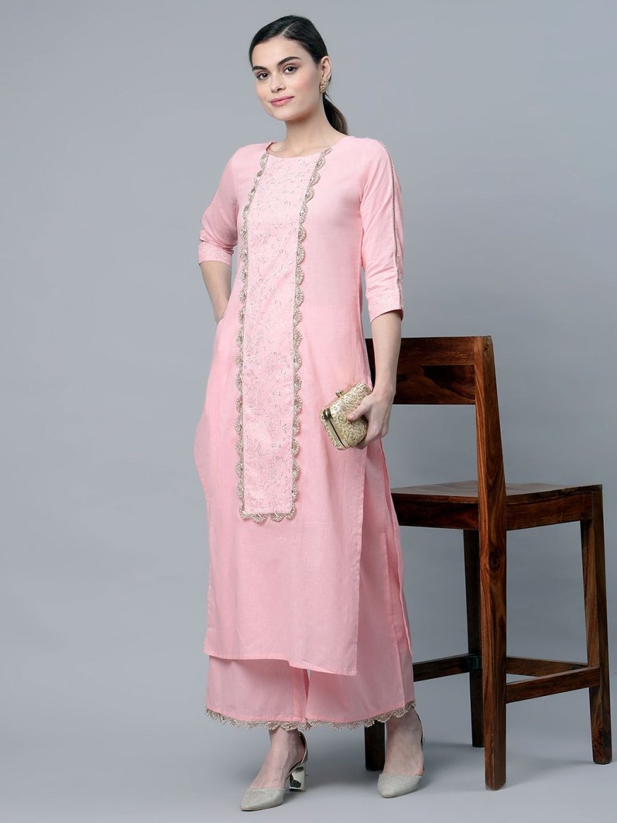 Ahalyaa Women's Baby Pink Pure Cotton Printed Kurta Palazzo Set | Swadesiicart