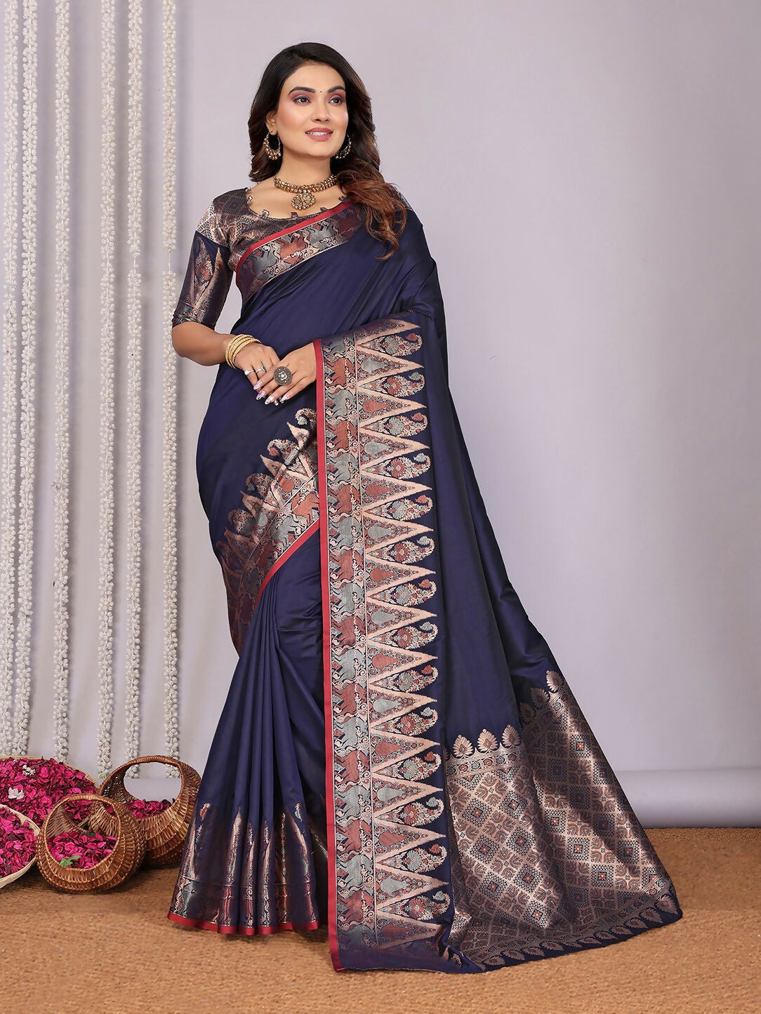 Joban Fashion Banarasi Navy Blue Jacquard Woven Soft Silk Saree | Swadesiicart