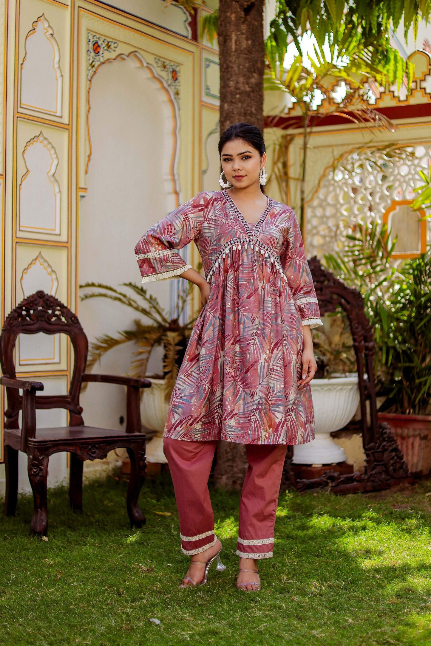 Vaasva Women Brown Muslin Floral Print Alia cut Kurta & Pant (Cord set) - Swadesiicart