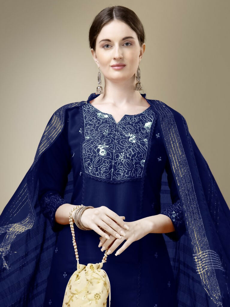 Jyoti Fashion Women's Navy Blue Cotton Blend Embroidery & Fancy Lace work Kurta with Trouser & Dupatta | Swadesiicart