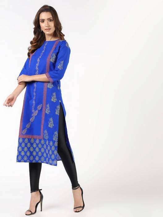 Aniyah Cotton Block Printed Straight Kurta Blue (AN-140K) - Swadesiicart