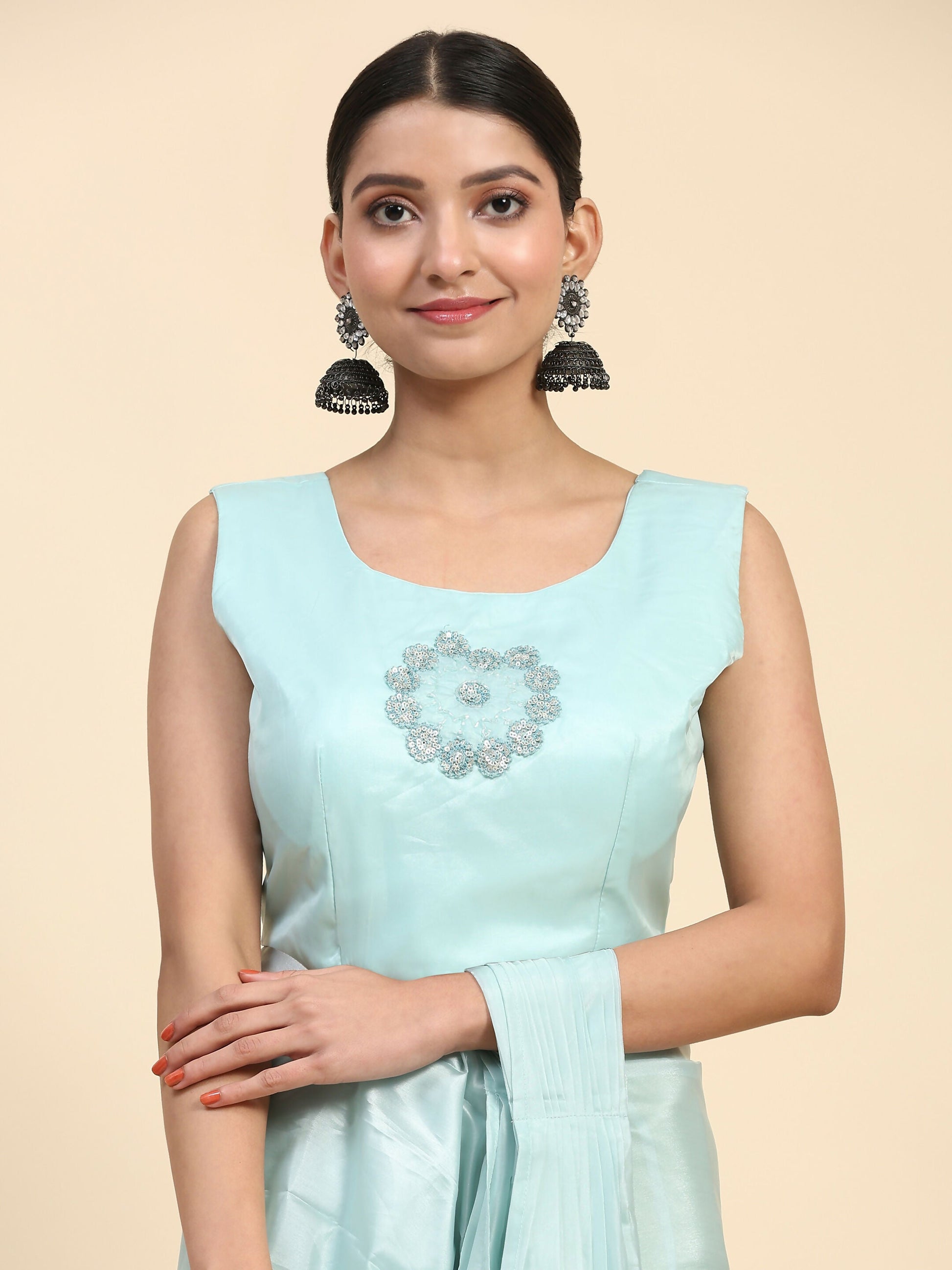 Blue Satin Solid Ready to wear Saree with stitched Blouse - Vanita | Swadesiicart