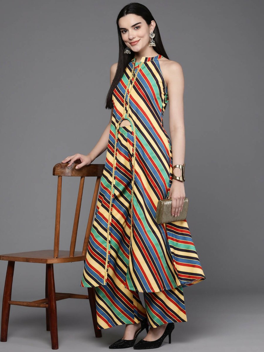 Ahalyaa Women Striped High Slit Kurta with Palazzos - Green Color | Swadesiicart