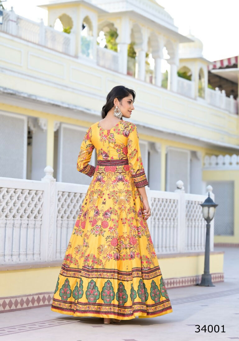 Partywear Designer Yellow Dola Silk Anarkali suit with Dupatta - Suzen - Swadesiicart