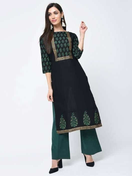 Aniyah Cotton Block Printed Black Straight Kurta (AN-131K) - Swadesiicart