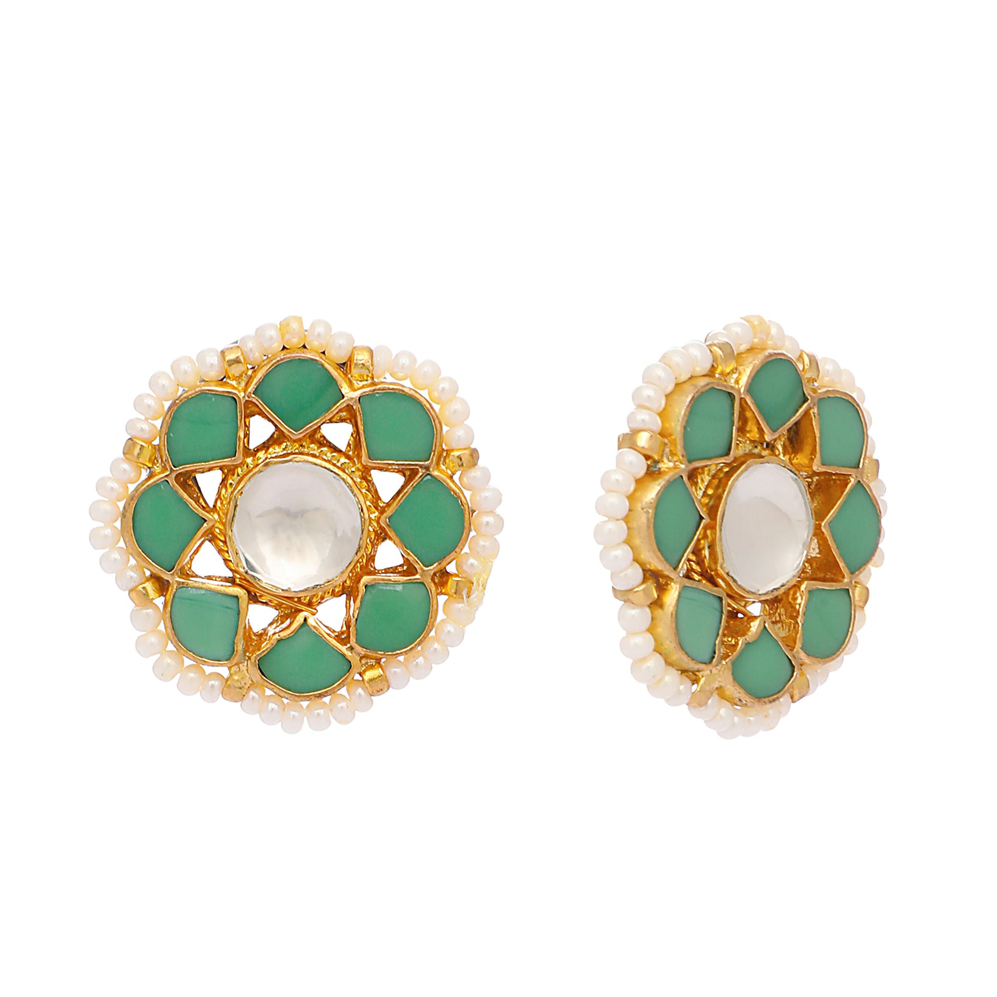 Nuyug 22K Gold-Plated Green Kundan Studded & Pearls Beaded Floral Shaped Studs | Swadesiicart