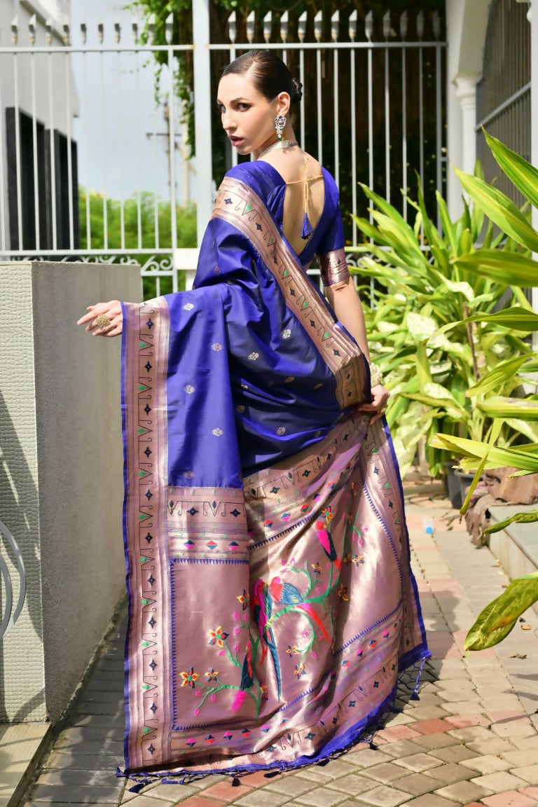 Vishnu Weaves Women's Royal Paithani Silk Zari Woven Saree with Blouse - Swadesiicart