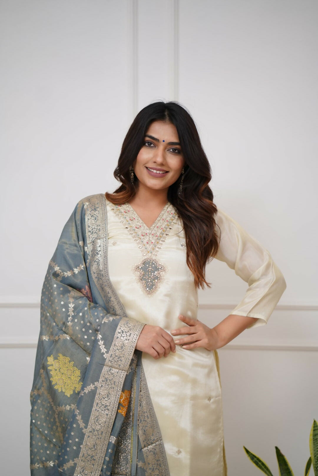 The52 Off White Beautiful Embroidered Viscose Chanderi Fabric Straight Kurta Pant with Dupatta Set - Swadesiicart