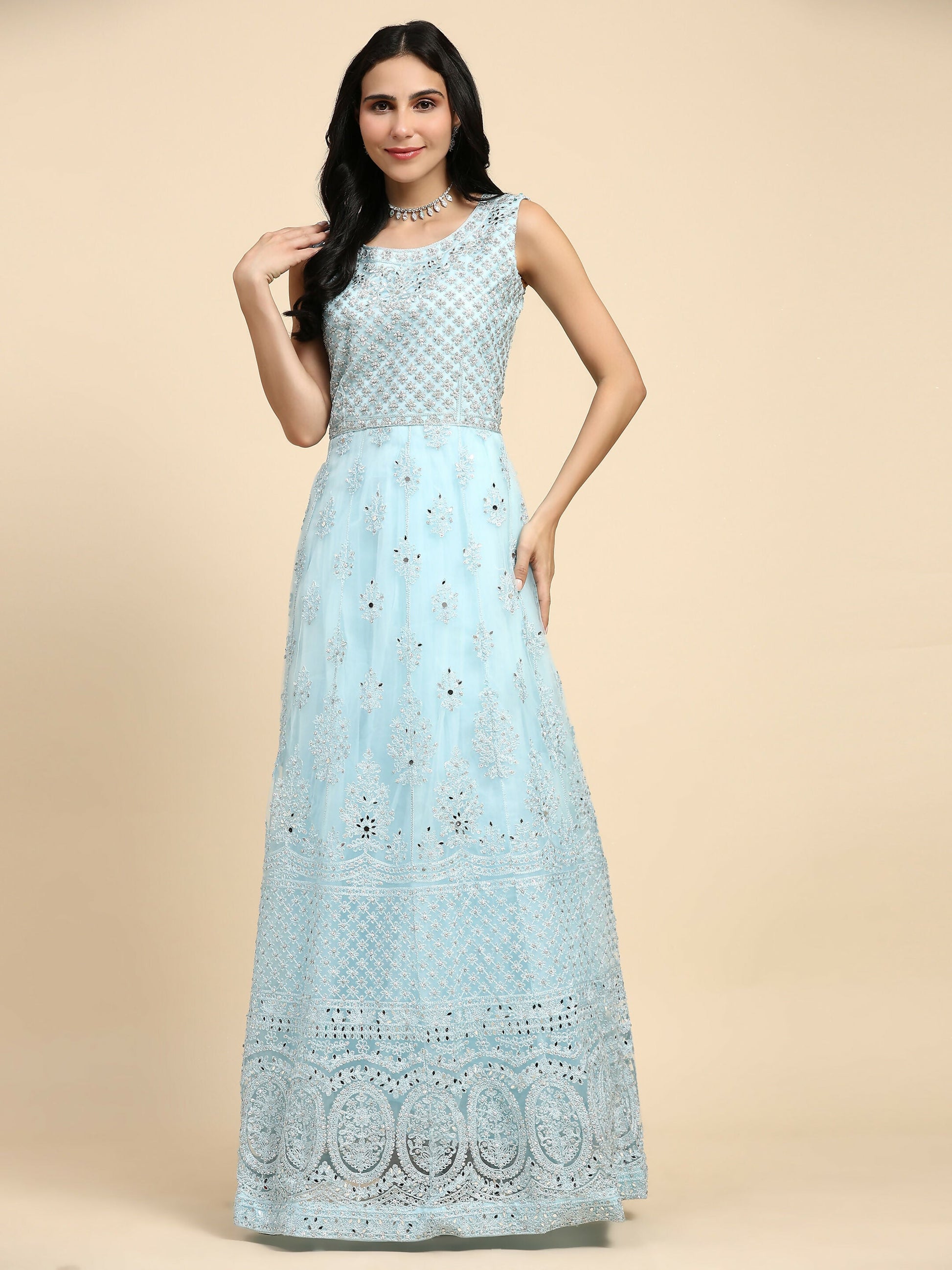 Blue Net Hand Embroidered Gown - Rudrani