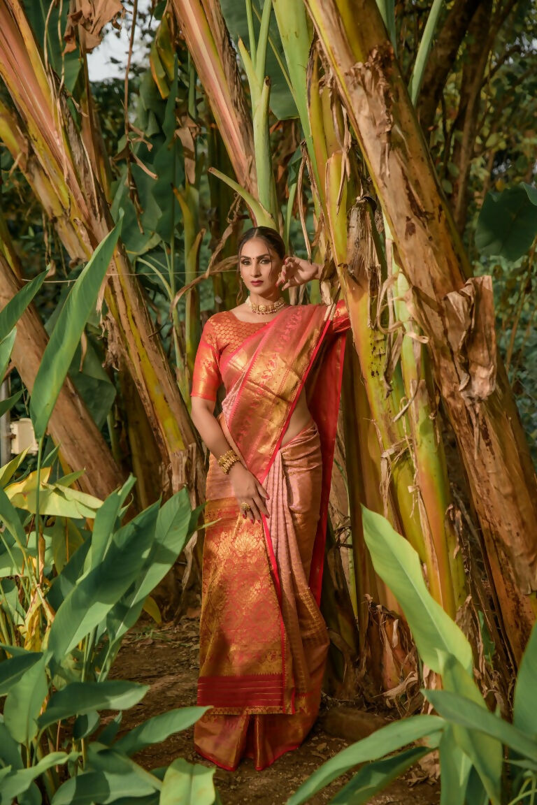 Jyoti Fashion Women's Peach Kanjivaram Silk Zari Woven Saree with Blouse | Swadesiicart