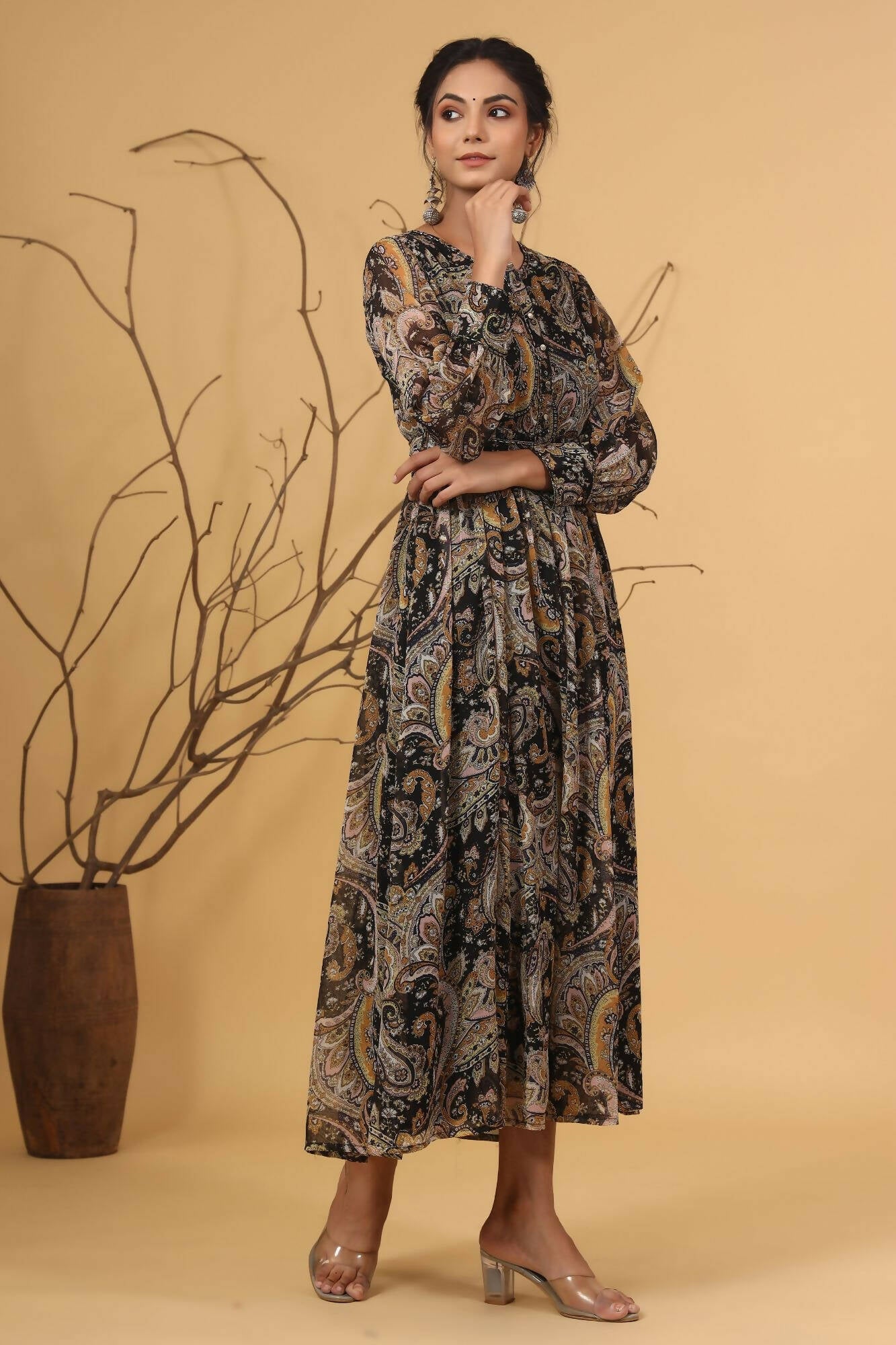 Juniper Women Black Chiffon Printed Flared Dress | Swadesiicart