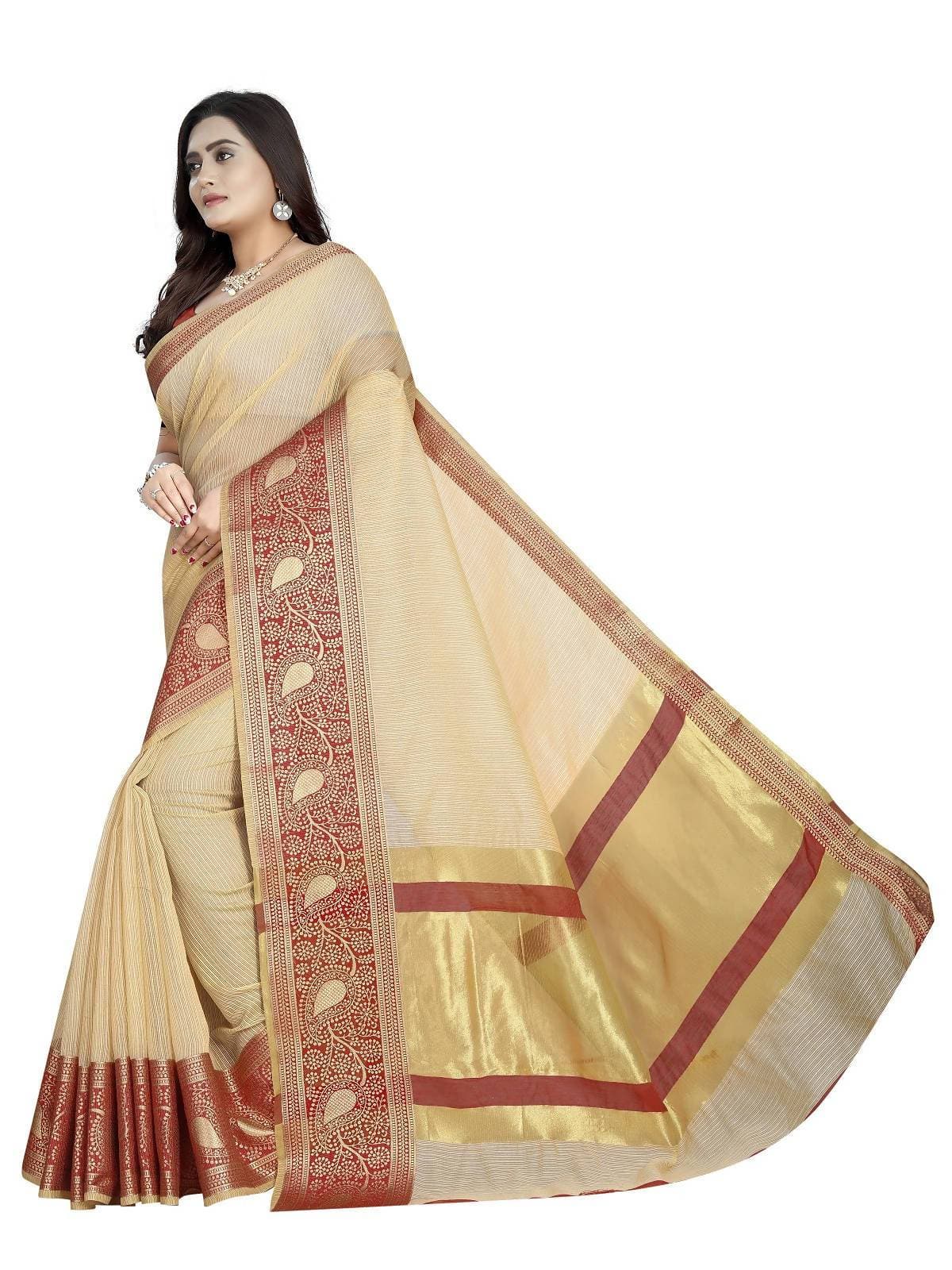 Vamika Banarasi Jaquard Cream Weaving Saree | Swadesiicart