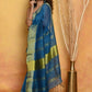 Very Much Indian Handloom Pure Cotton Linen Saree With Golden Border - Serene Blue | Swadesiicart