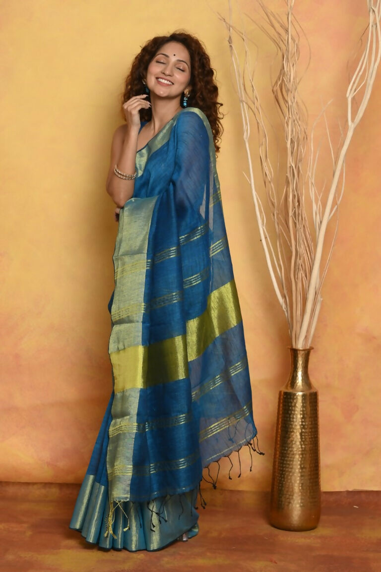 Very Much Indian Handloom Pure Cotton Linen Saree With Golden Border - Serene Blue | Swadesiicart