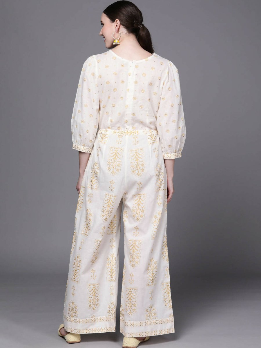 Ahalyaa Off White Printed Basic Jumpsuit - Swadesiicart