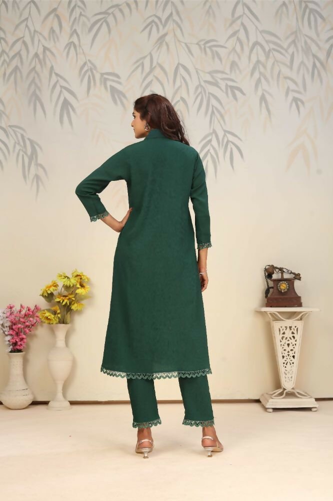 Jyoti Fashion Women's Bottle Green Rinkal Cotton Plain with Side Pocket Kurtis & Sets | Swadesiicart