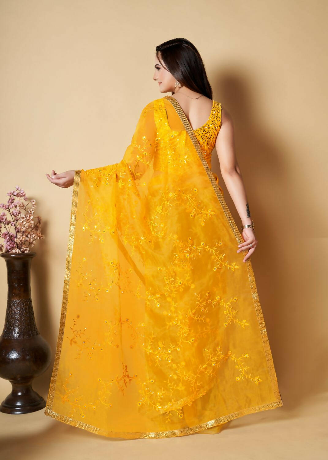 Vamsee Yellow Organza Saree - Swadesiicart