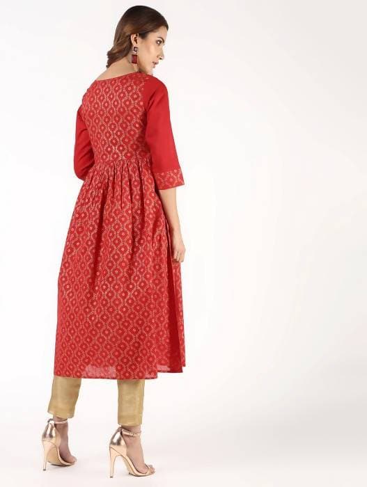Aniyah Cotton Block Print Flared Kurta In Red (AN-151K) - Swadesiicart