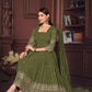 Jyoti Fashion Women's Olive Green Georgette Embroidered Anarkali Kurta Pant Set With Dupatta | Swadesiicart