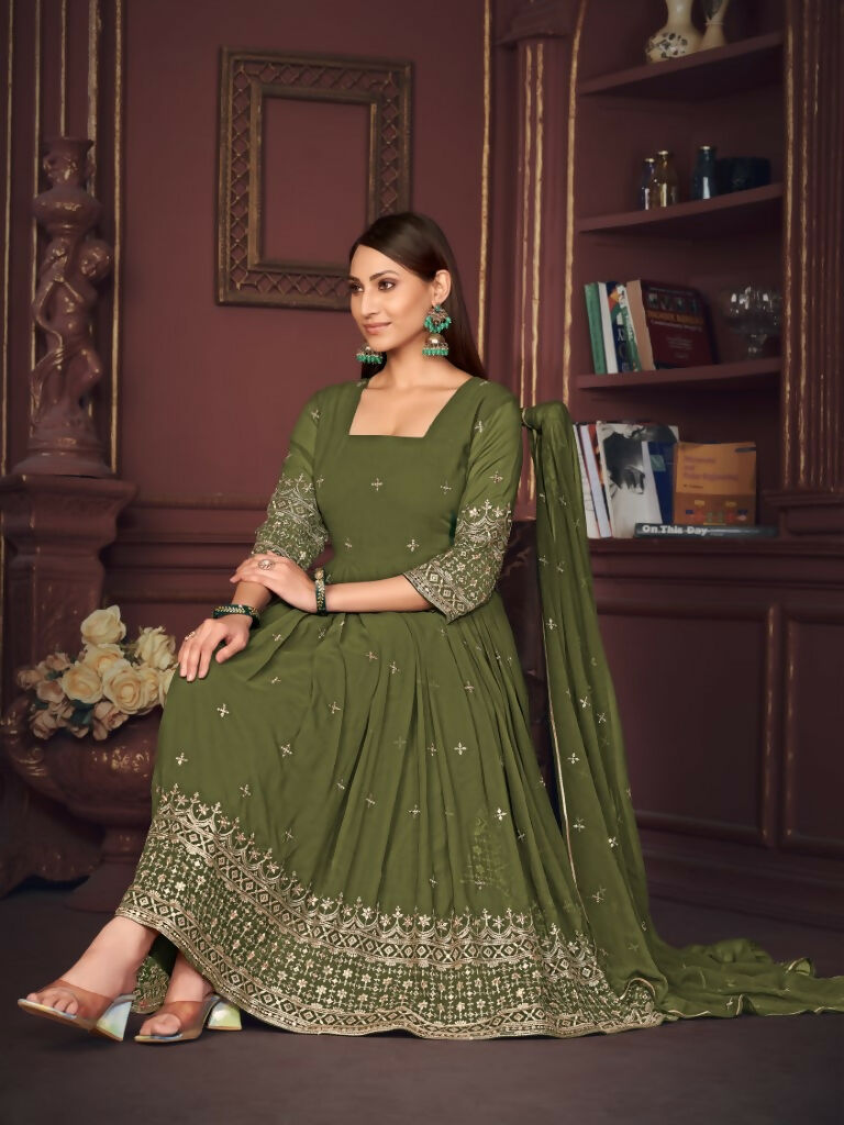 Jyoti Fashion Women's Olive Green Georgette Embroidered Anarkali Kurta Pant Set With Dupatta | Swadesiicart