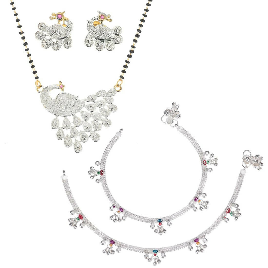 AanyaCentric Gold-Polished Mangalsutra Pendant Earring Set & Silver Plated Anklet