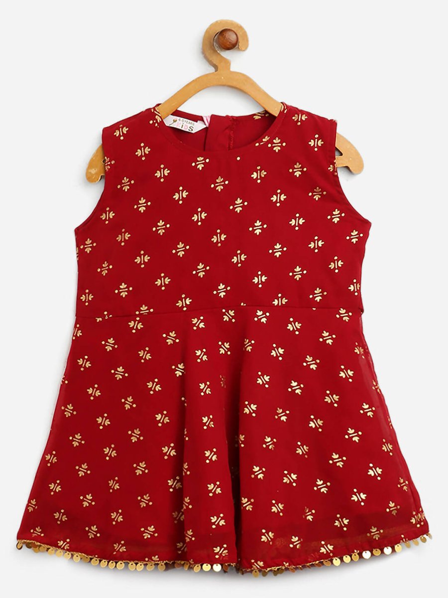 Ahalyaa Maroon Georgette Gold Foil Print Kids Peplum style Kurta Sharara Set With Dupatta For Girls | Swadesiicart