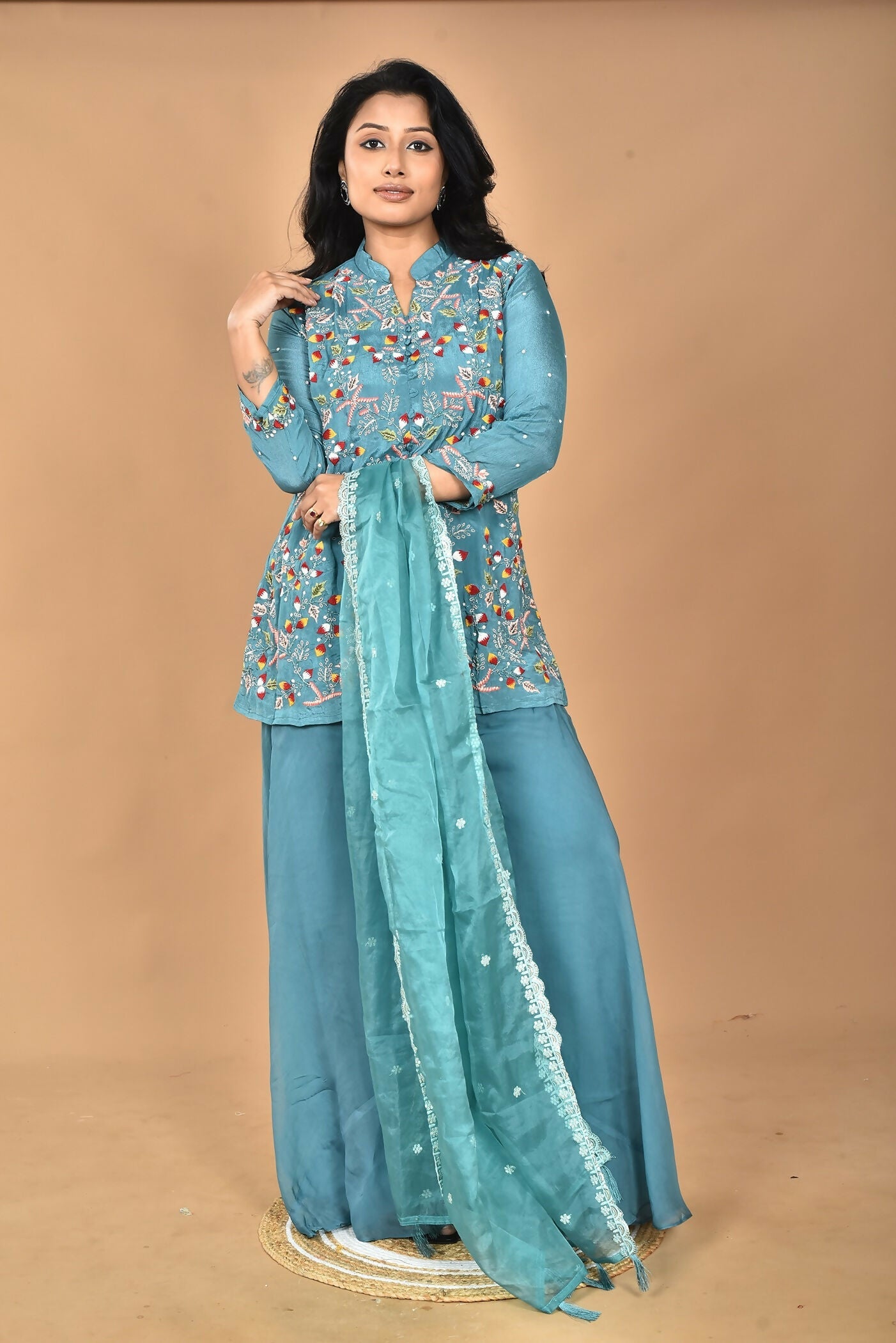 Morchari Women And Hand Embroidery Palazzo Set-Green - Swadesiicart