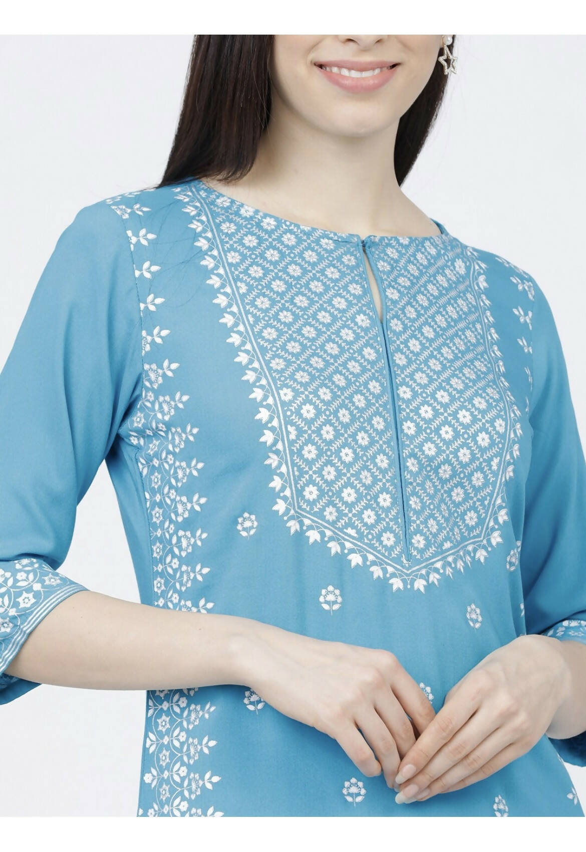 Indian Clothing Cheera Embellished Daily Wear Cotton Blend Kurta - Sky Blue - Swadesiicart